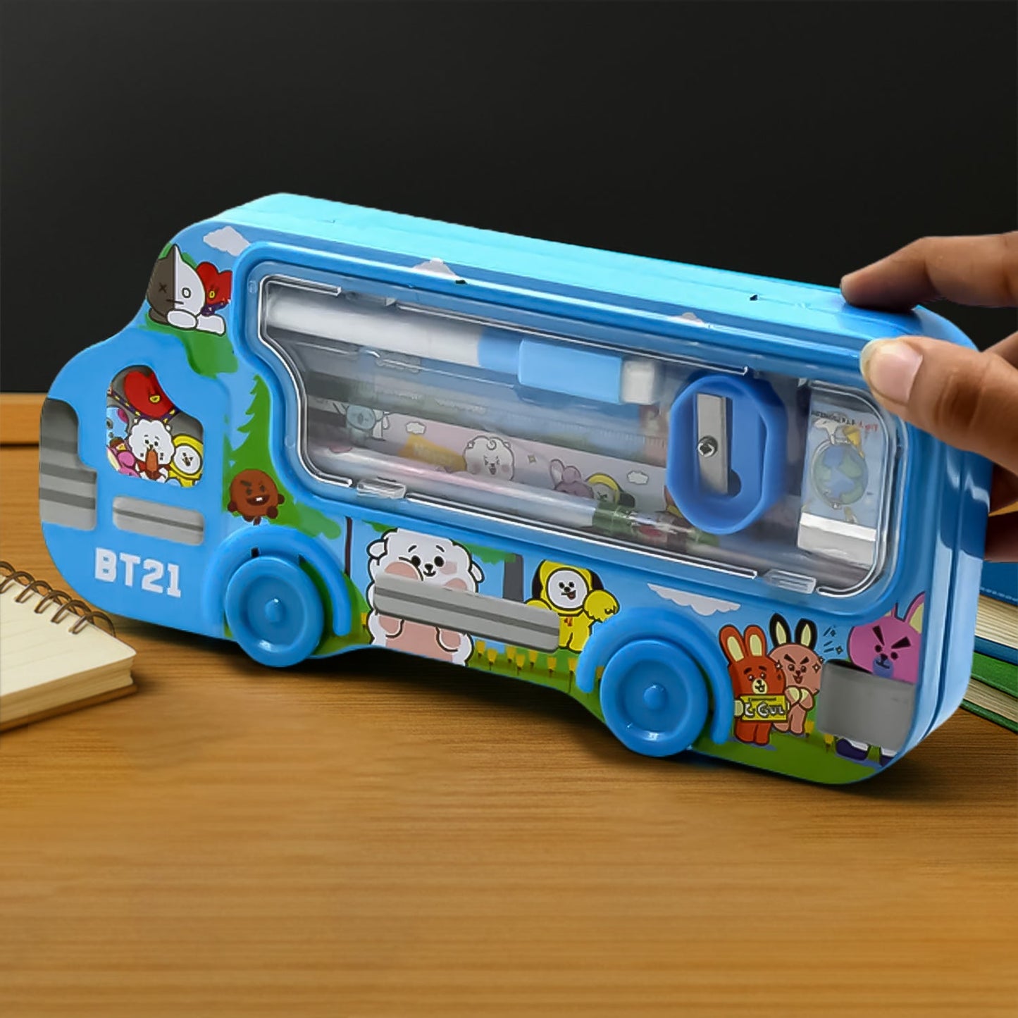 Bus Shape Compass Box for Boys, Kids School Accessories | Pencil Box with Wheels for Girls and Kids, String Operated Case Students School Supplies - Stationery Set Organizer Birthday Return Gift for Kids