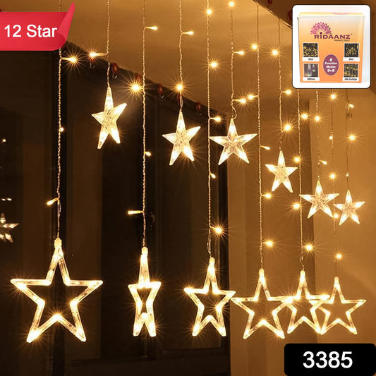 12 Stars LED Curtain String Lights with 8 Flashing Modes for Home Decoration, Diwali & Wedding LED Christmas Light Indoor and Outdoor Light ,Festival Decoration (Warm White / With Box)